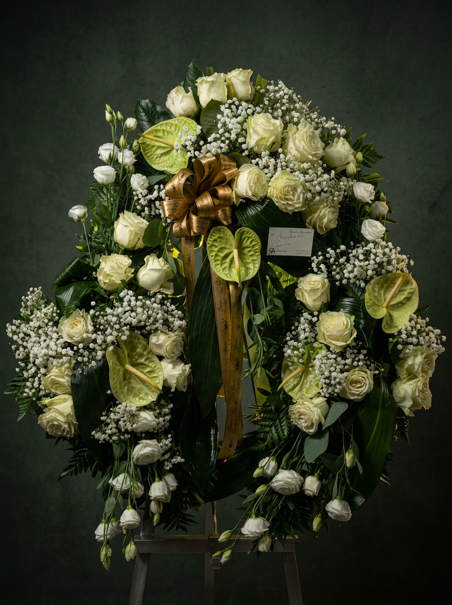 Coroa floral real da cliente em destaque